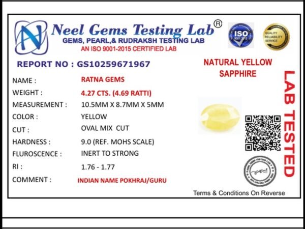 Lab certificate for Bangkok yellow sapphire (Pukhraj) 4.27 Carat (4.69 Ratti) - NATURAL YELLOW SAPPHIRE, 4.27 CTS. (4.69 RATT