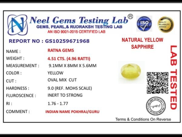 Lab certificate for Bangkok yellow sapphire (Pukhraj) 4.51 Carat (4.96 Ratti) - NATURAL YELLOW SAPPHIRE, 4.51 CTS. (4.96 RATT