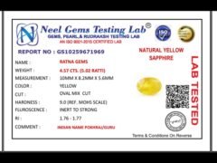 Lab certificate for Bangkok yellow sapphire (Pukhraj) 4.57 Carat (5.02 Ratti) - NATURAL YELLOW SAPPHIRE, 4.57 CTS. (5.02 RATT