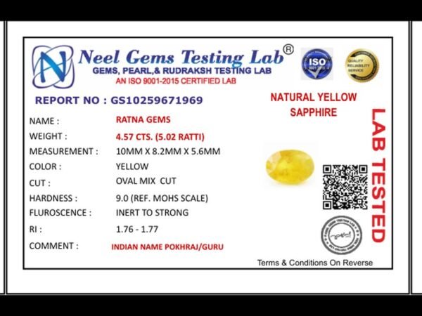 Lab certificate for Bangkok yellow sapphire (Pukhraj) 4.57 Carat (5.02 Ratti) - NATURAL YELLOW SAPPHIRE, 4.57 CTS. (5.02 RATT