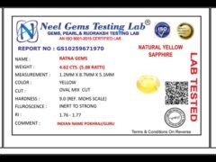 Lab certificate for Bangkok yellow sapphire (Pukhraj) 4.62 Carat (5.08 Ratti) - NATURAL YELLOW SAPPHIRE, 4.62 CTS. (5.08 RATT