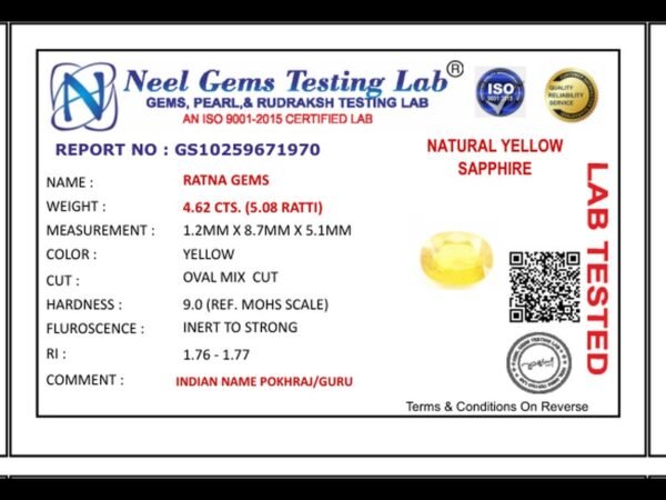 Lab certificate for Bangkok yellow sapphire (Pukhraj) 4.62 Carat (5.08 Ratti) - NATURAL YELLOW SAPPHIRE, 4.62 CTS. (5.08 RATT