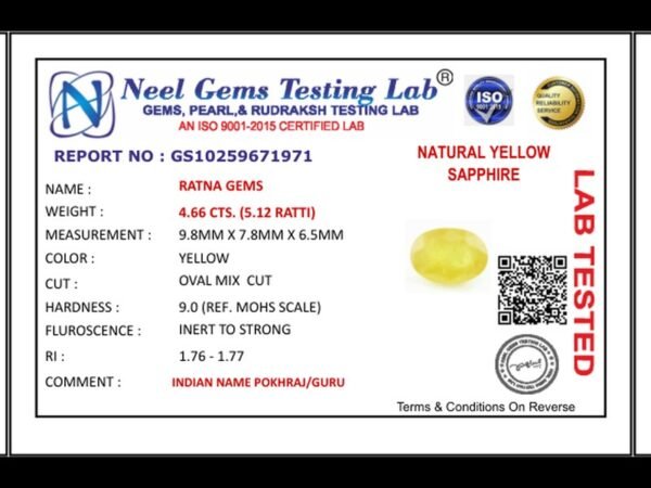 Lab certificate for Bangkok yellow sapphire (Pukhraj) 4.66 Carat (5.12 Ratti) - NATURAL YELLOW SAPPHIRE, 4.66 CTS. (5.12 RATT