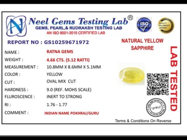 Lab certificate for 5.12 Ratti Pukhraj Stone | Certified Bangkok Yellow Sapphire (4.66 Carat) - NATURAL YELLOW SAPPHIRE, 4.66