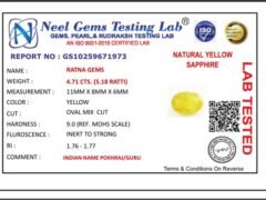 Lab certificate for Bangkok yellow sapphire (Pukhraj) 4.71 Carat (5.18 Ratti) - NATURAL YELLOW SAPPHIRE, 4.71 CTS. (5.18 RATT
