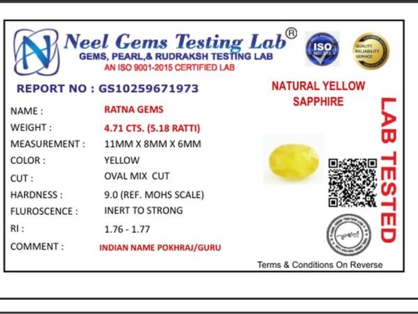 Lab certificate for Bangkok yellow sapphire (Pukhraj) 4.71 Carat (5.18 Ratti) - NATURAL YELLOW SAPPHIRE, 4.71 CTS. (5.18 RATT