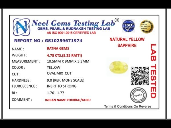 Lab certificate for Bangkok yellow sapphire (Pukhraj) 4.78 Carat (5.25 Ratti) - NATURAL YELLOW SAPPHIRE, 4.78 CTS.(5.25 RATTI