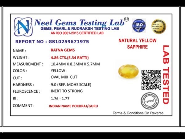Lab certificate for Bangkok yellow sapphire (Pukhraj) 4.86 Carat (5.34 Ratti) - NATURAL YELLOW SAPPHIRE, 4.86 CTS.(5.34 RATTI