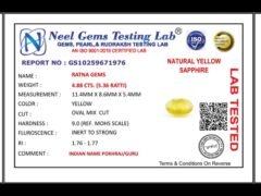 Lab certificate for Bangkok yellow sapphire (Pukhraj) 4.88 Carat (5.36 Ratti) - NATURAL YELLOW SAPPHIRE, 4.88 CTS. (5.36 RATT