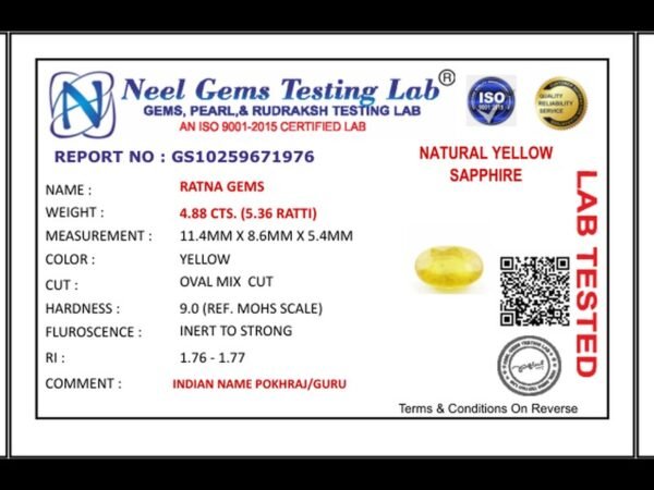 Lab certificate for Bangkok yellow sapphire (Pukhraj) 4.88 Carat (5.36 Ratti) - NATURAL YELLOW SAPPHIRE, 4.88 CTS. (5.36 RATT