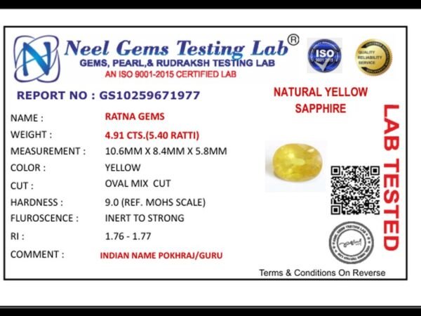 Lab certificate for Bangkok yellow sapphire (Pukhraj) 4.91 Carat (5.40 Ratti) - NATURAL YELLOW SAPPHIRE, 4.91 CTS.(5.40 RATTI