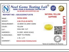 Lab certificate for Bangkok yellow sapphire (Pukhraj) 4.96 Carat (5.45 Ratti) - NATURAL YELLOW SAPPHIRE, 4.96 CTS.(5.45 RATTI
