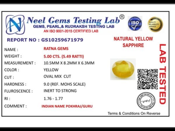 Lab certificate for Bangkok yellow sapphire (Pukhraj) 5 Carat (5.49 Ratti) - NATURAL YELLOW SAPPHIRE, 5.00 CTS. (5.49 RATTI)