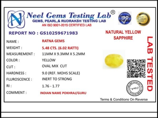 Lab certificate for Bangkok yellow sapphire (Pukhraj) 5.48 Carat (6.02 Ratti) - NATURAL YELLOW SAPPHIRE, 5.48 CTS. (6.02 RATT