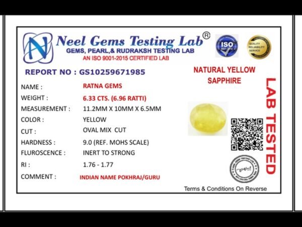 Lab certificate for Bangkok yellow sapphire (Pukhraj) 6.33 Carat (6.96 Ratti) - NATURAL YELLOW SAPPHIRE, 6.33 CTS. (6.96 RATT