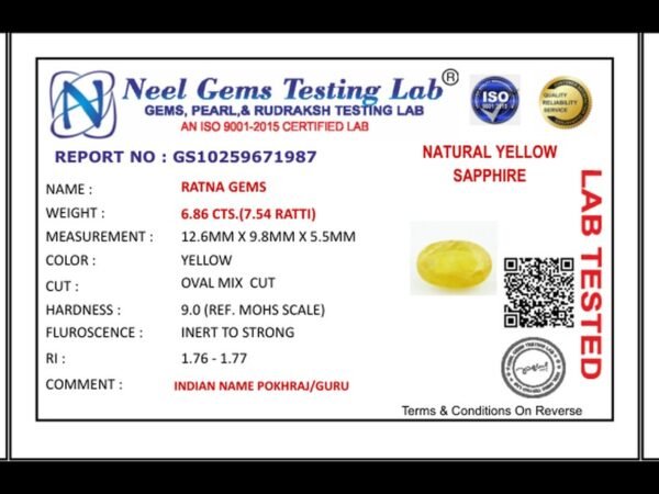 Lab certificate for Bangkok yellow sapphire (Pukhraj) 6.86 Carat (7.54 Ratti) - NATURAL YELLOW SAPPHIRE, 6.86 CTS.(7.54 RATTI
