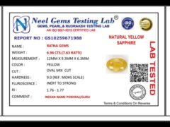 Lab certificate for Bangkok yellow sapphire (Pukhraj) 6.94 Carat (7.63 Ratti) - NATURAL YELLOW SAPPHIRE, 6.94 CTS.(7.63 RATTI