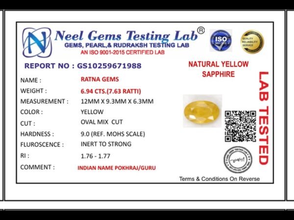 Lab certificate for Bangkok yellow sapphire (Pukhraj) 6.94 Carat (7.63 Ratti) - NATURAL YELLOW SAPPHIRE, 6.94 CTS.(7.63 RATTI