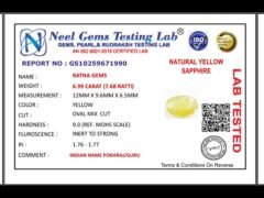 Lab certificate for Bangkok yellow sapphire (Pukhraj) 6.99 Carat (7.68 Ratti) - NATURAL YELLOW SAPPHIRE, 6.99 CARAT (7.68 RAT