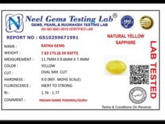 Lab certificate for Bangkok yellow sapphire (Pukhraj) 7.82 Carat (8.59 Ratti) - NATURAL YELLOW SAPPHIRE, 7.82 CTS.(8.59 RATTI