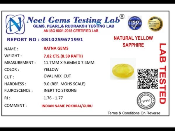 Lab certificate for Bangkok yellow sapphire (Pukhraj) 7.82 Carat (8.59 Ratti) - NATURAL YELLOW SAPPHIRE, 7.82 CTS.(8.59 RATTI
