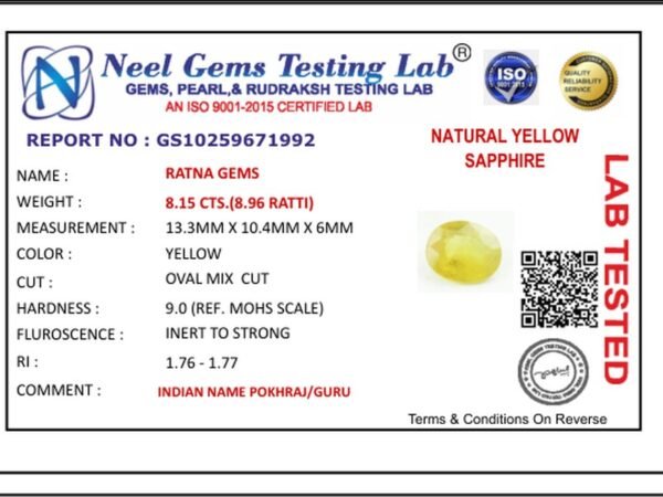 Lab certificate for Bangkok yellow sapphire (Pukhraj) 8.15 Carat (8.96 Ratti) - NATURAL YELLOW SAPPHIRE, 8.15 CTS.(8.96 RATTI