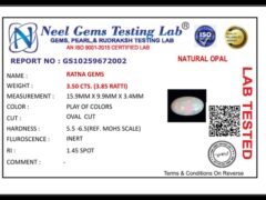 Lab certificate for Australian Fire Opal 3.50 Carat (3.85 Ratti) - NATURAL OPAL, 3.50 CTS. (3.85 RATTI)