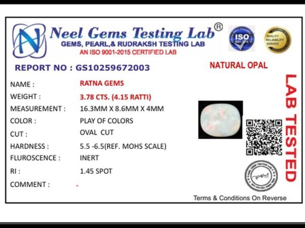 Lab certificate for Australian Fire Opal 3.78 Carat (4.15 Ratti) - NATURAL OPAL, 3.78 CTS. (4.15 RATTI)
