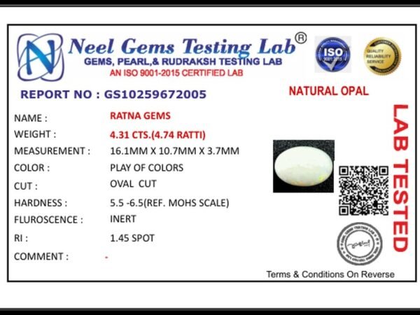 Lab certificate for Australian Fire Opal 4.31 Carat (4.74 Ratti) - NATURAL OPAL, 4.31 CTS.(4.74 RATTI)