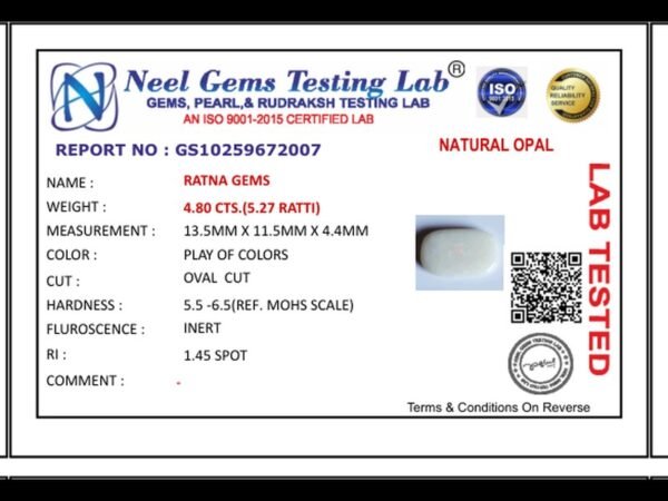 Lab certificate for Australian Fire Opal 4.80 Carat (5.27 Ratti) - NATURAL OPAL, 4.80 CTS.(5.27 RATTI)
