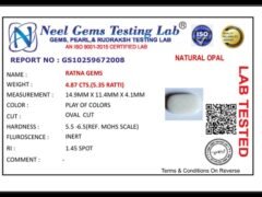 Lab certificate for Australian Fire Opal 4.87 Carat (5.35 Ratti) - NATURAL OPAL, 4.87 CTS.(5.35 RATTI)