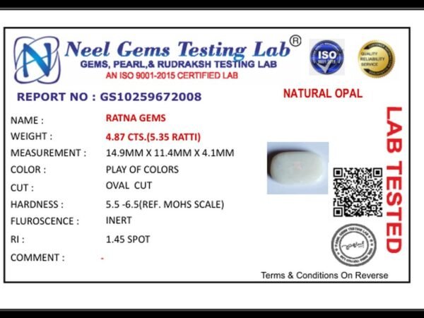 Lab certificate for Australian Fire Opal 4.87 Carat (5.35 Ratti) - NATURAL OPAL, 4.87 CTS.(5.35 RATTI)
