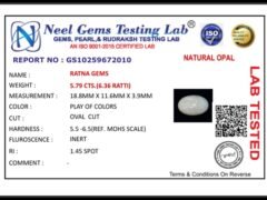 Lab certificate for Australian Opal 5.79 Carat (6.36 Ratti) - NATURAL OPAL, 5.79 CTS.(6.36 RATTI)
