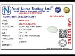 Lab certificate for Australian Fire Opal 8.56 Carat (9.41 Ratti) - NATURAL OPAL, 8.56 CTS.(9.41 RATTI)