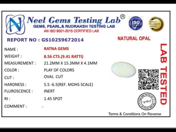 Lab certificate for Australian Fire Opal 8.56 Carat (9.41 Ratti) - NATURAL OPAL, 8.56 CTS.(9.41 RATTI)