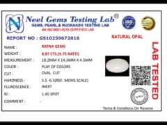 Lab certificate for Australian Fire Opal 8.87 Carat (9.75 Ratti) - NATURAL OPAL, 8.87 CTS.(9.75 RATTI)