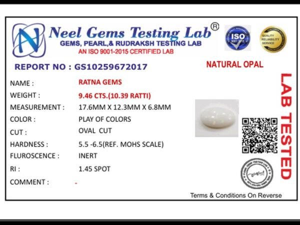 Lab certificate for Australian Fire Opal 9.46 Carat (10.39 Ratti) - NATURAL OPAL, 9.46 CTS.(10.39 RATTI)