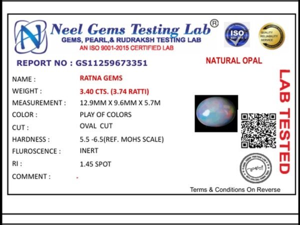 Lab certificate for Ethiopian Fire Opal 3.40 Carat (3.74 Ratti) — Oval Cut - NATURAL OPAL, 3.40 CTS. (3.74 RATTI)