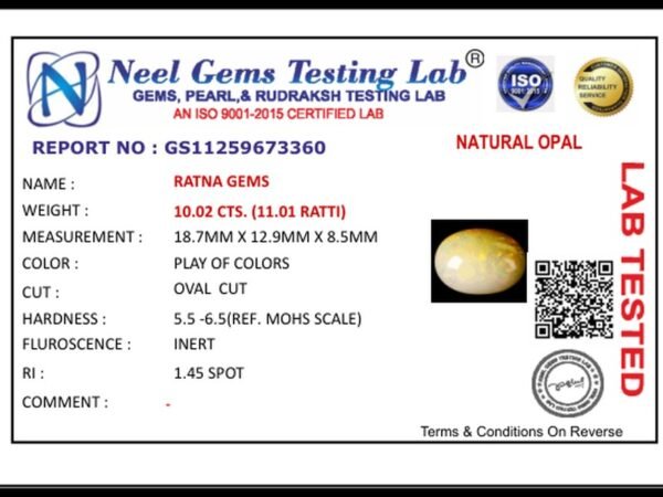 Lab certificate for Ethiopian Fire Opal 10.02 Carat (11.01 Ratti) — Oval Cut - NATURAL OPAL, 10.02 CTS. (11.01 RATTI)