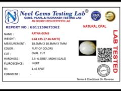 Lab certificate for Ethiopian Fire Opal 6.61 Carat (7.26 Ratti) — Elongated Oval Cut - NATURAL OPAL, 6.61 CTS. (7.26 RATTI)