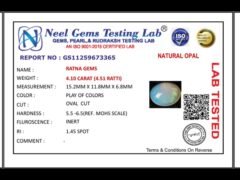 Lab certificate for Ethiopian Fire Opal 4.10 Carat (4.51 Ratti) — Oval Cut - NATURAL OPAL, 4.10 CARAT (4.51 RATTI)