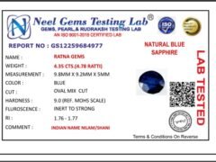 Lab certificate for Bangkok Blue Sapphire (Neelam) 4.35 Carat (4.78 Ratti) — Oval Cut - NATURAL BLUE SAPPHIRE, 4.35 CTS.(4.78