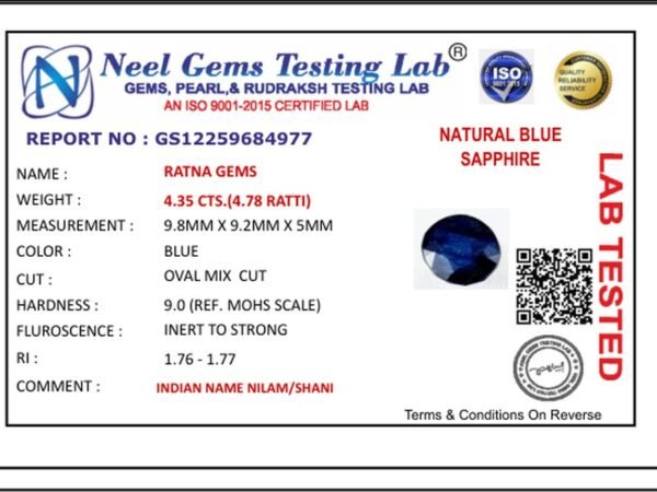 Lab certificate for Bangkok Blue Sapphire (Neelam) 4.35 Carat (4.78 Ratti) — Oval Cut - NATURAL BLUE SAPPHIRE, 4.35 CTS.(4.78