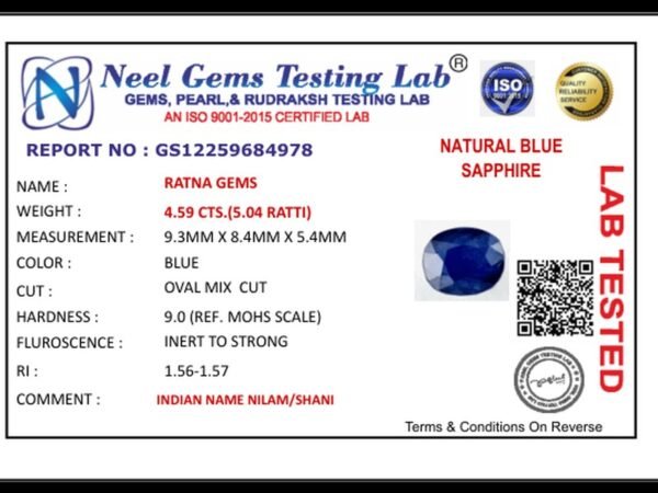 Lab certificate for Bangkok Blue Sapphire (Neelam) 4.59 Carat (5.04 Ratti) — Oval Cut - NATURAL BLUE SAPPHIRE, 4.59 CTS.(5.04