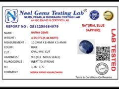 Lab certificate for Bangkok Blue Sapphire (Neelam) 4.95 Carat (5.44 Ratti) — Oval Cut - NATURAL BLUE SAPPHIRE, 4.95 CTS.(5.44