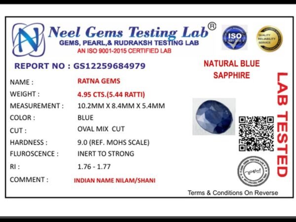 Lab certificate for Bangkok Blue Sapphire (Neelam) 4.95 Carat (5.44 Ratti) — Oval Cut - NATURAL BLUE SAPPHIRE, 4.95 CTS.(5.44