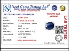 Lab certificate for Bangkok Blue Sapphire (Neelam) 5.20 Carat (5.71 Ratti) — Oval Cut - NATURAL BLUE SAPPHIRE, 5.20 CTS. (5.7