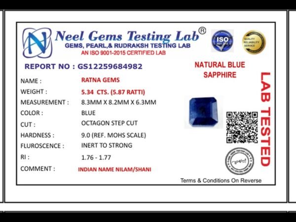 Lab certificate for Bangkok Blue Sapphire (Neelam) 5.34 Carat (5.87 Ratti) — Octagon Cut - NATURAL BLUE SAPPHIRE, 5.34 CTS. (