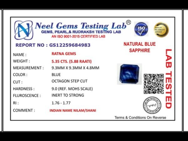 Lab certificate for Bangkok Blue Sapphire (Neelam) 5.35 Carat (5.88 Ratti) — Square Cut - NATURAL BLUE SAPPHIRE, 5.35 CTS. (5
