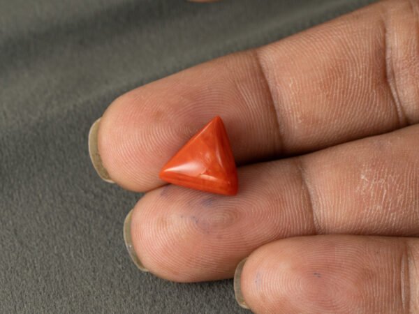 Italian red coral moonga 5.17 carat in hand size reference